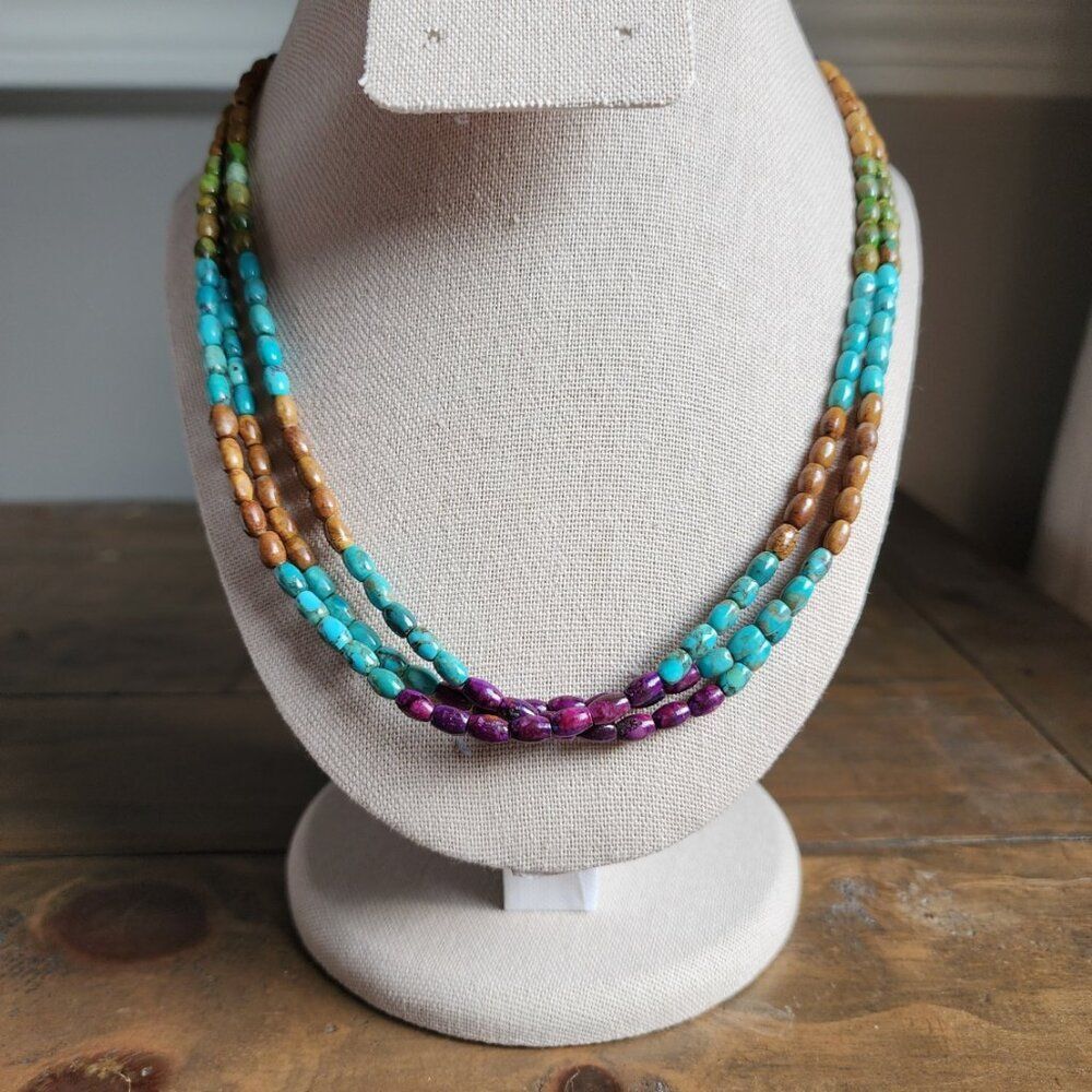 Genuine turquoise Southwestern beaded necklace - 18" - 925 SS - genuine stones
